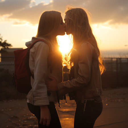 Two young girls kissing each other on the background of the setting sunの素材