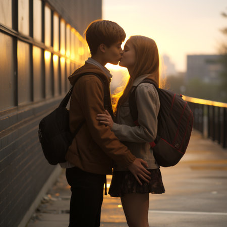 Young couple kissing in the city at sunset. Love and romance.の素材