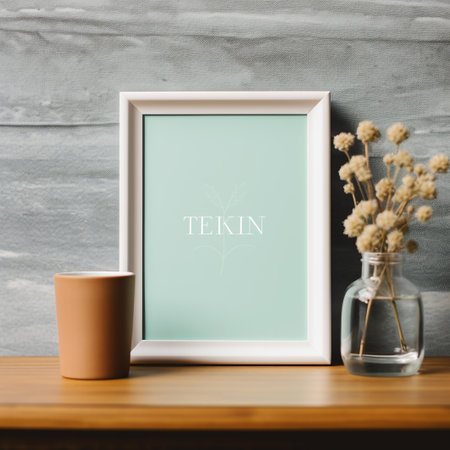 Vintage photo frame mockup on wooden table and concrete wall backgroundの素材