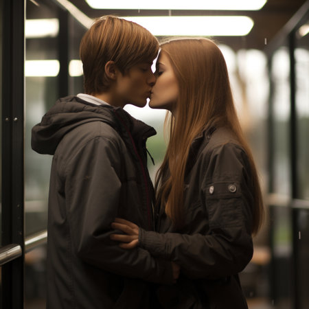 Couple in love kissing in the city. Love and romance concept.の素材