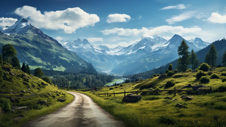 Dirt road in the mountains with a view of the Swiss Alpsの素材