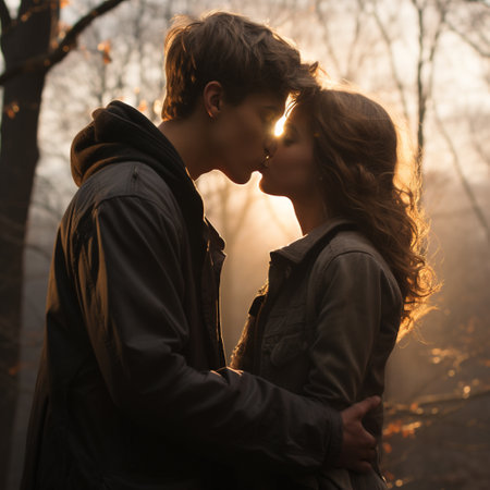 Beautiful young couple in love kissing in the forest at sunset.の素材