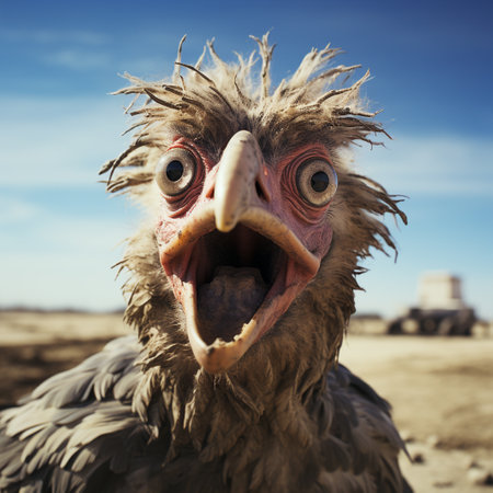 Portrait of an ostrich with open mouth on a farm.の素材