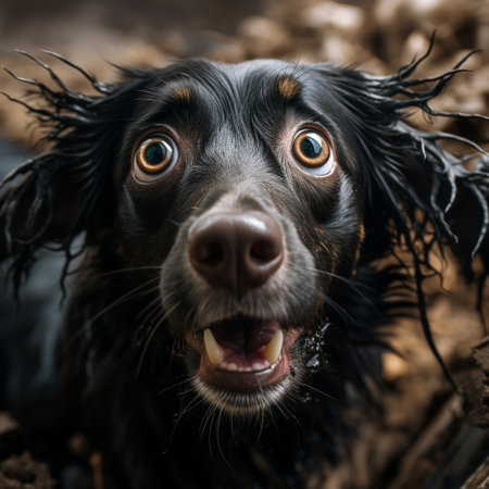 Close-up portrait of a spaniel dog in the mud.の素材