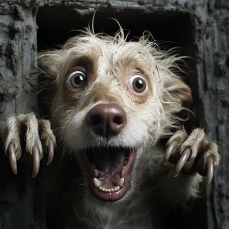 Portrait of a dog in a cage at the animal shelter.の素材