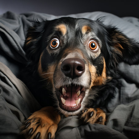 Portrait of a cute dog lying in bed and yawning.の素材