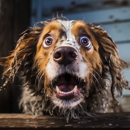 Portrait of a cute spaniel dog with a funny expression.の素材