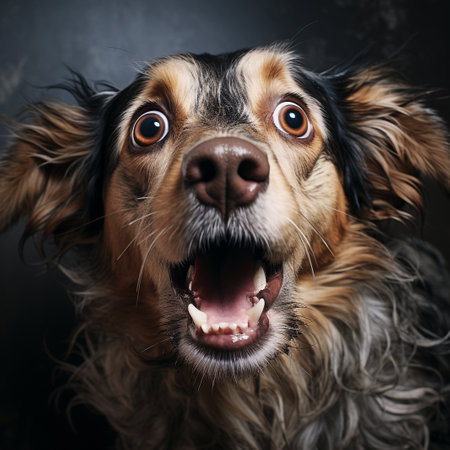 Portrait of a cute dog on a dark background. Closeup.の素材