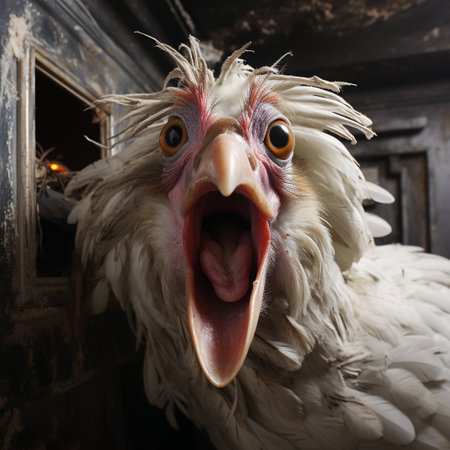 The head of a white rooster with open mouth in a barnの素材