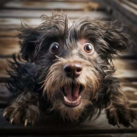 Portrait of a funny dog on a wooden background. Studio shot.の素材