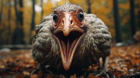 Turkey in the autumn forest. Portrait of a funny turkey.の素材