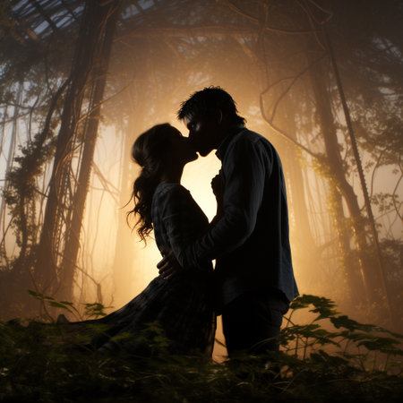 Silhouette of a loving couple kissing in the forest with fogの素材
