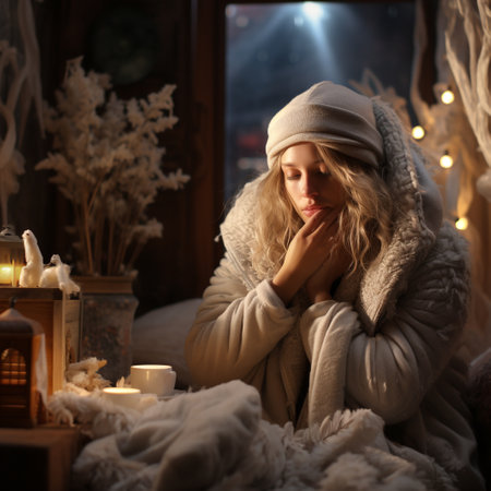 Young woman in warm sweater and hat sitting in bed at night.の素材