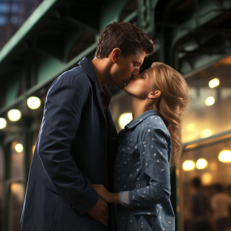 Beautiful young couple kissing in the city at night, closeupの素材