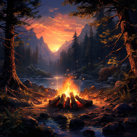 Fantasy landscape with a fire in the forest. Digital painting.の素材