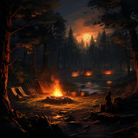 Illustration of a bonfire in a dark forest at night.の素材