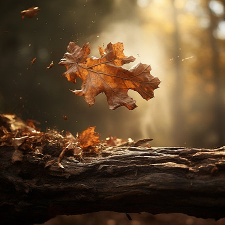 Autumn leaf on a log in the forest. Fall concept.の素材