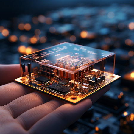 Man hand holding microcircuit on circuit board background 3D renderingの素材