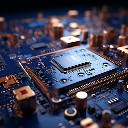Close-up of electronic circuit board with processor. Technology background.の素材