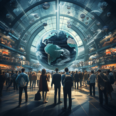 Business people and globe in the center of the airport. 3D renderingの素材