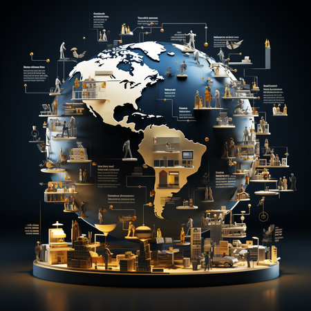 3D illustration of world map on pedestal. Global business conceptの素材