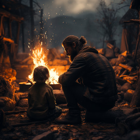 Father and son sitting in front of a bonfire in the villageの素材