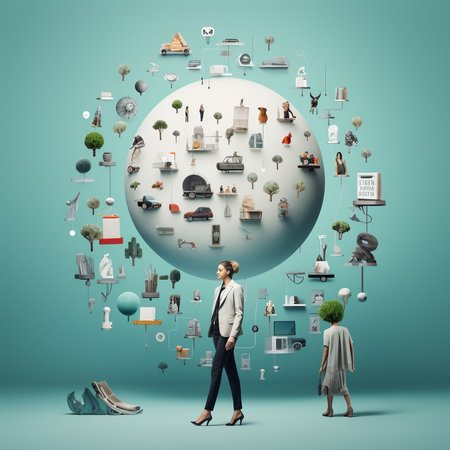 Businesswoman standing in front of a big globe with different icons on itの素材