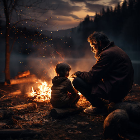 Father and son sitting near bonfire in forest at sunset. Camping and travel conceptの素材