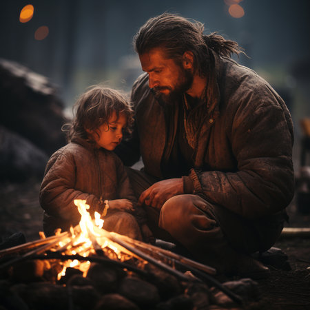 Father and son sitting by the fire in the forest at night.の素材