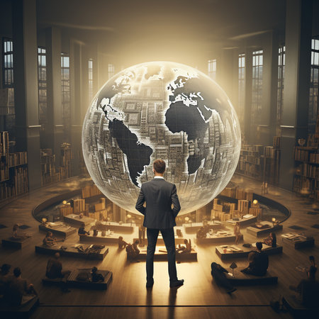 Businessman looking at globe in office. Global business concept. 3D Renderingの素材