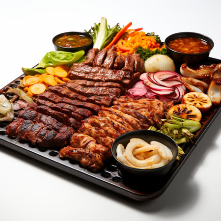 Japanese cuisine. Grilled meat with vegetables and sauce on white backgroundの素材