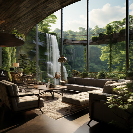 Luxury living room with a waterfall view. 3d renderingの素材