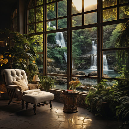Beautiful view of the waterfall through the window. 3d renderingの素材