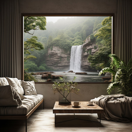 Modern living room interior design with a waterfall in the background. 3d renderingの素材