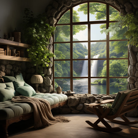 3D rendering of a cozy room with a waterfall on the backgroundの素材