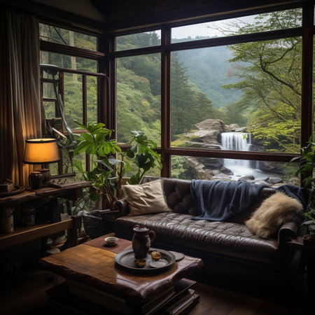 Luxury living room with a view of a waterfall in the mountainsの素材