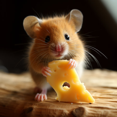 Hamster with cheese on a wooden background. Closeup.の素材