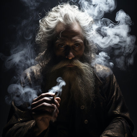 Portrait of an old man with long gray hair and beard smoking a cigar on a dark backgroundの素材