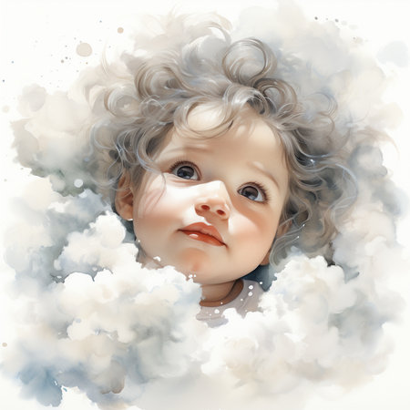 Digital painting of a cute baby with curly hair and blue eyes.の素材