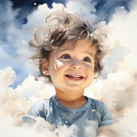 Portrait of a cute little boy in the sky with clouds.の素材