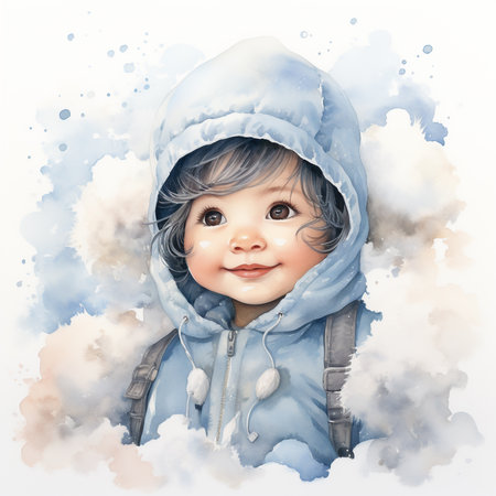 Portrait of a cute little boy in winter clothes. Digital watercolor painting.の素材