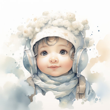 Cute baby boy in winter hat and scarf with headphones. Christmas illustration.の素材