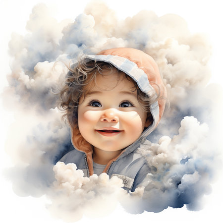 Happy child playing in the clouds. Portrait of a smiling little boy in a hat.の素材