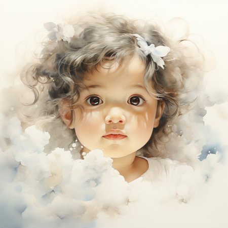 Portrait of a beautiful little girl with curly hair in a cloudの素材