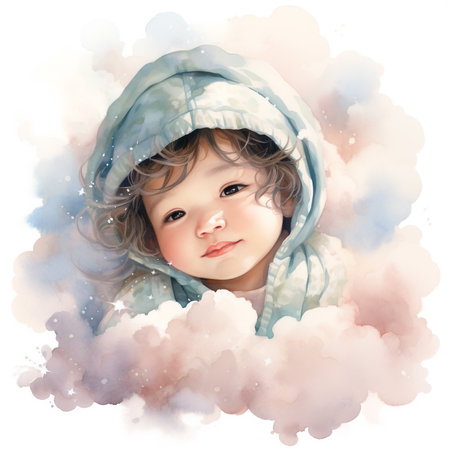 Portrait of a cute little boy in winter clothes. Watercolor painting.の素材