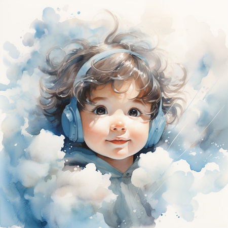 Digital painting of a baby listening to music with headphones in clouds.の素材