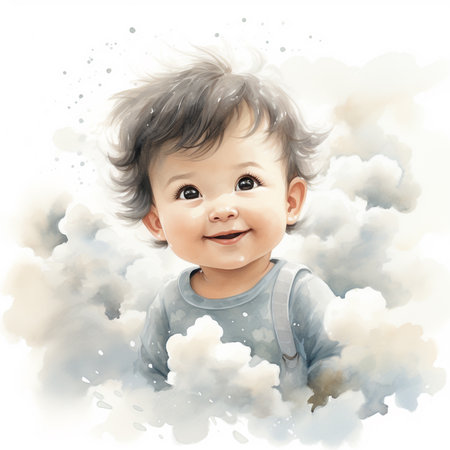 Cute smiling baby boy with cloud in the background. Digital paintingの素材