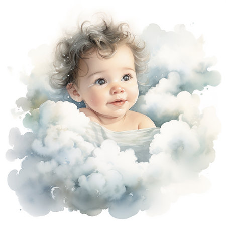 Cute baby boy with curly hair and blue eyes looks out of the cloudsの素材