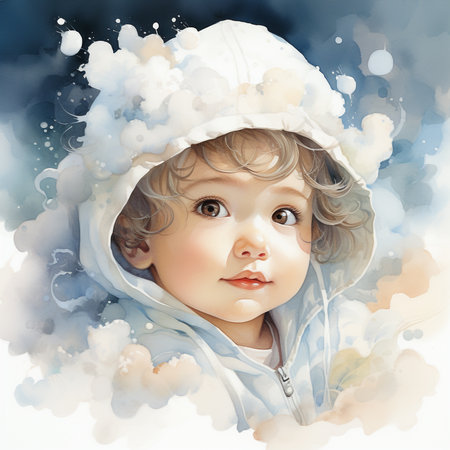 Portrait of a cute little boy in a winter cap. Watercolor illustration.の素材