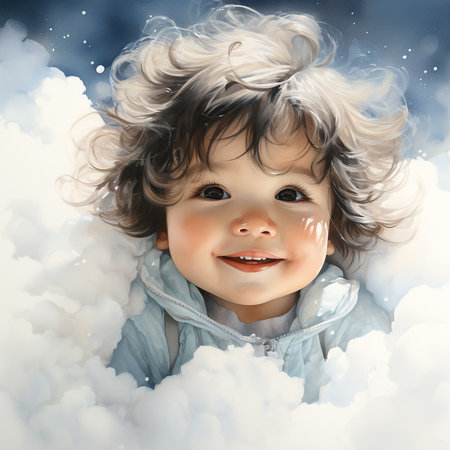 Cute little boy in the clouds. Portrait of a smiling child.の素材